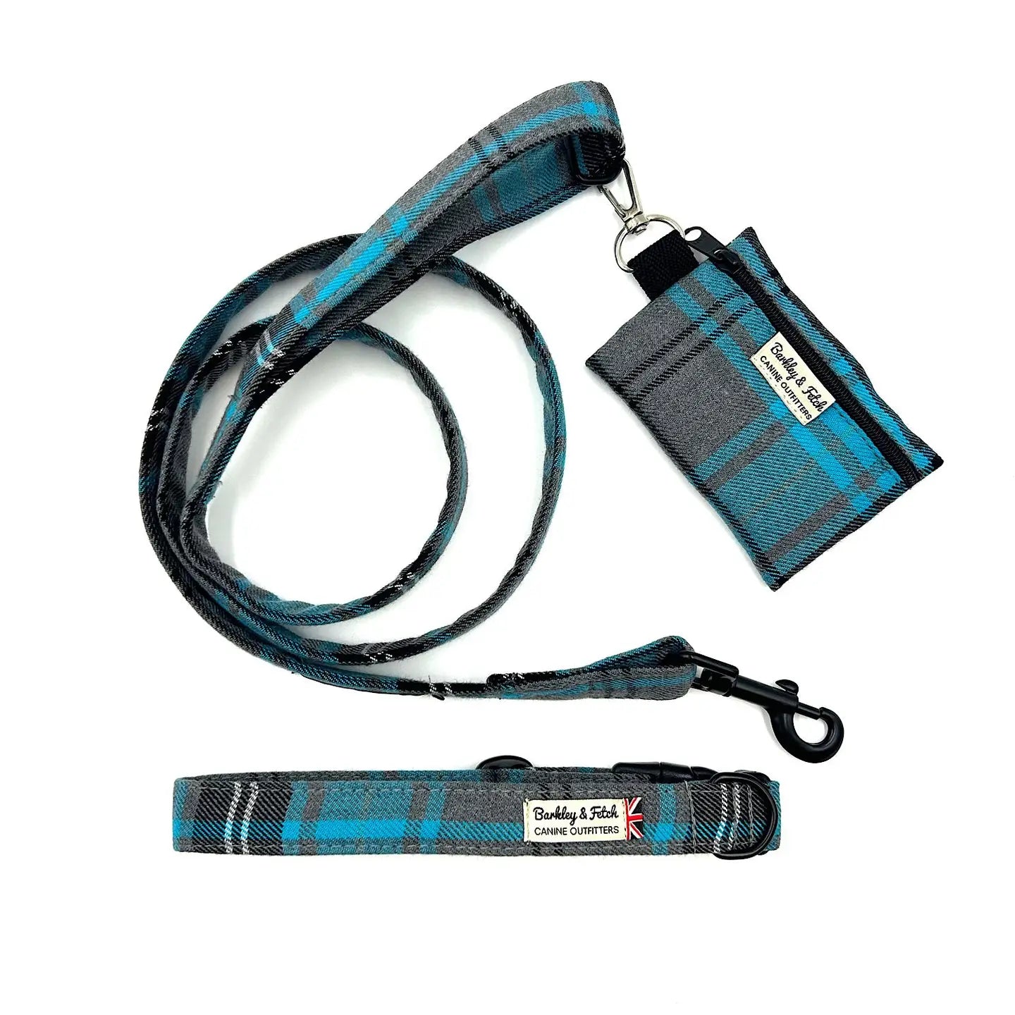 Barkley and Fetch Turquoise and Grey Tartan Dog Lead