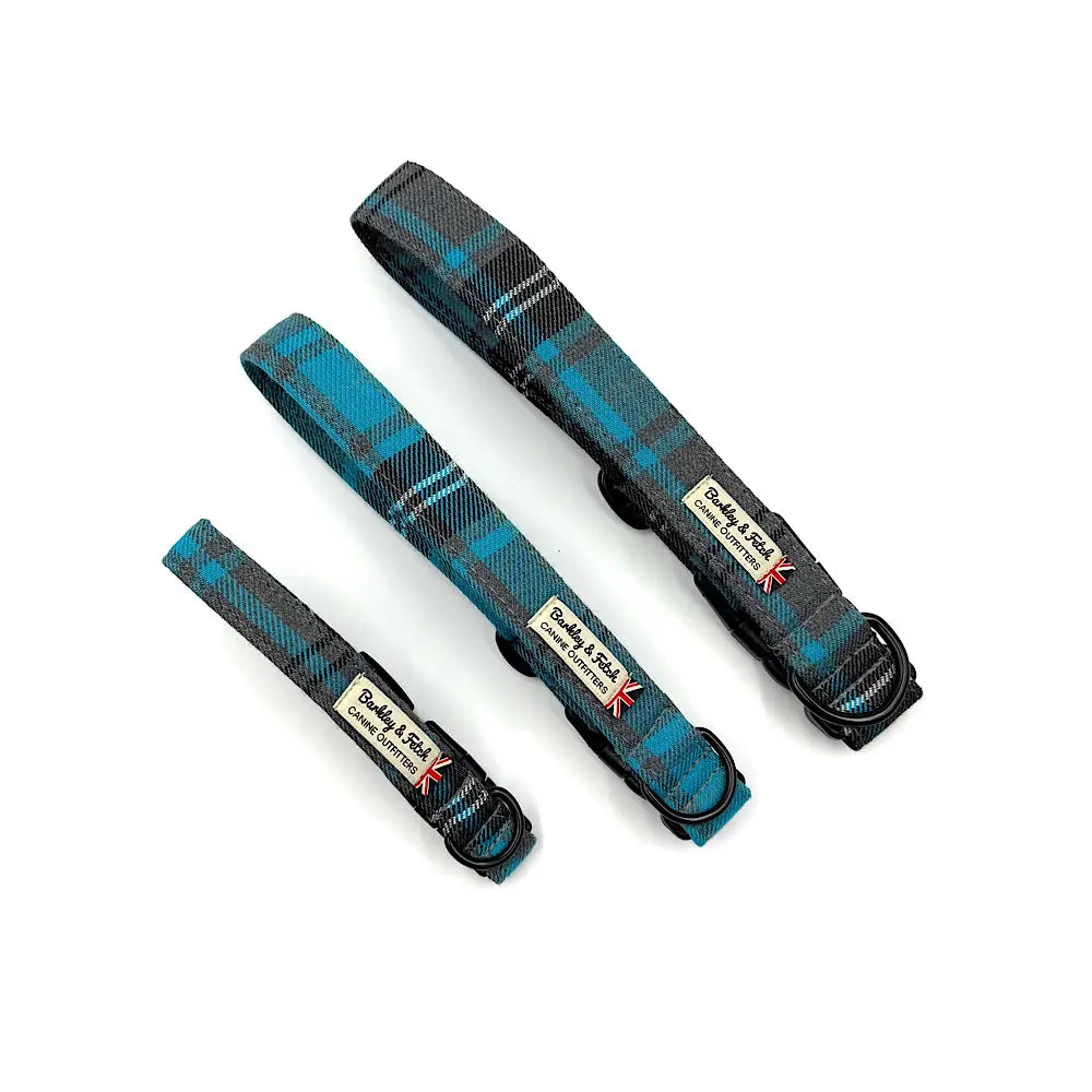 Barkley and Fetch Turquoise and Grey Tartan Dog Collar