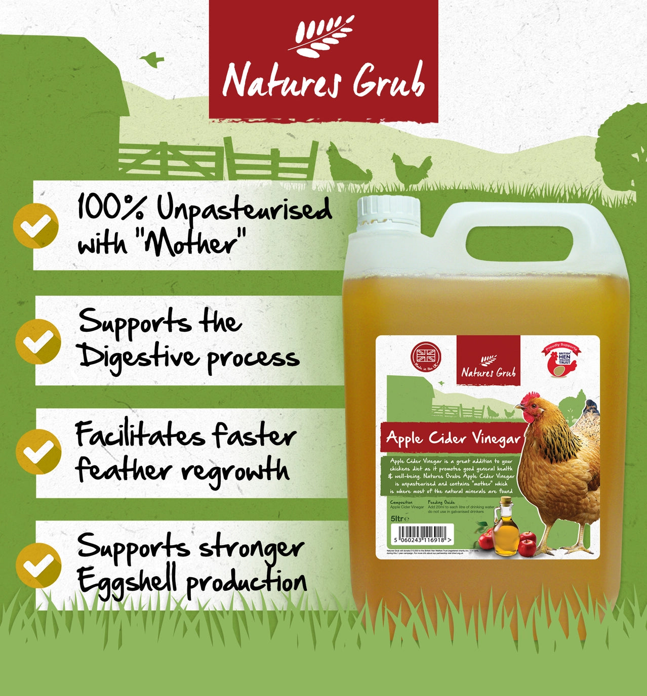 Natures Grub - Apple Cider Vinegar For Chickens & Poultry 1ltr