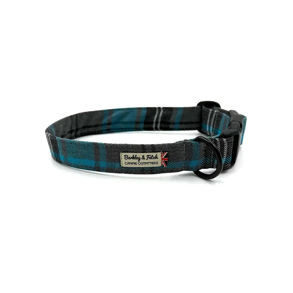 Barkley and Fetch Turquoise and Grey Tartan Dog Collar