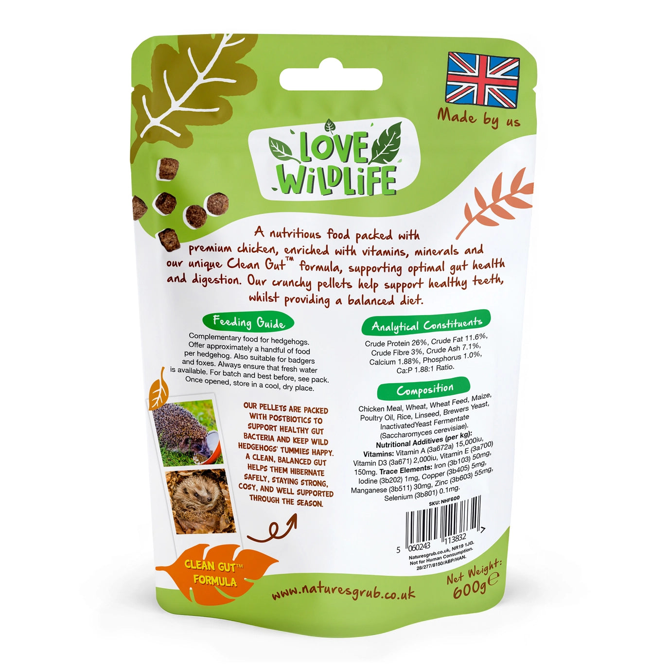 Love Wildlife- Native Hedgehog Food 600g | Postbiotic Pellets